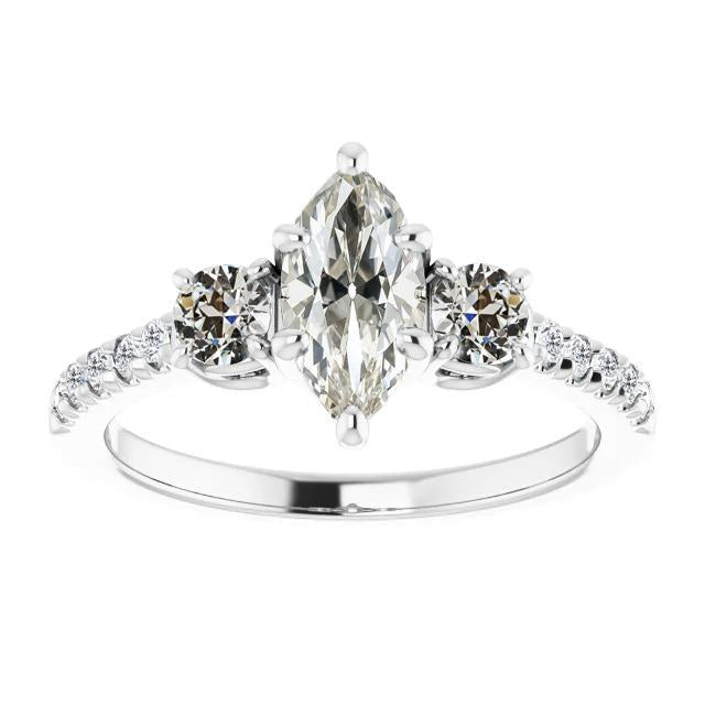 Lady's Ring Round & Marquise Old Cut Real Diamond 3 Stone Style 5 Carats