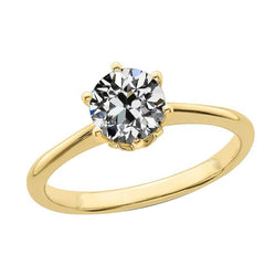 Lady's Solitaire Ring Round Old Miner Real Diamond 1.50 Carats Yellow Gold