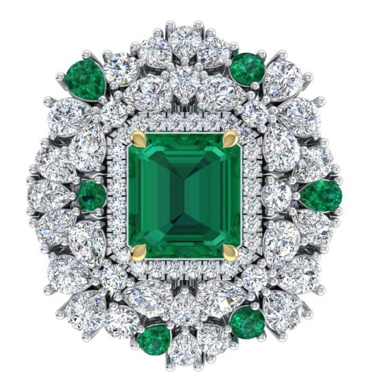 Large Cocktail Ring Unique with Real Green Emerald GIA and Natural Diamonds