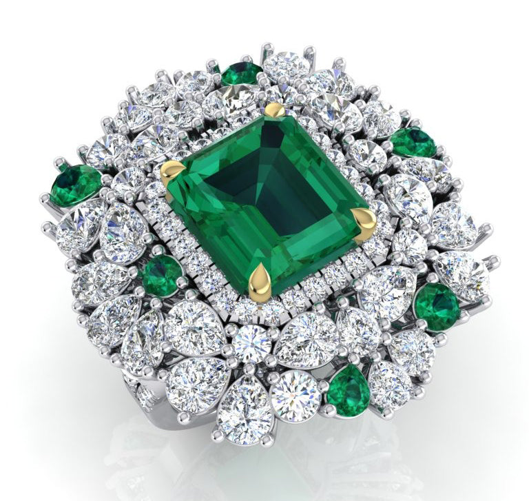 Large Cocktail Ring Unique with Real Green Emerald GIA and Natural Diamonds