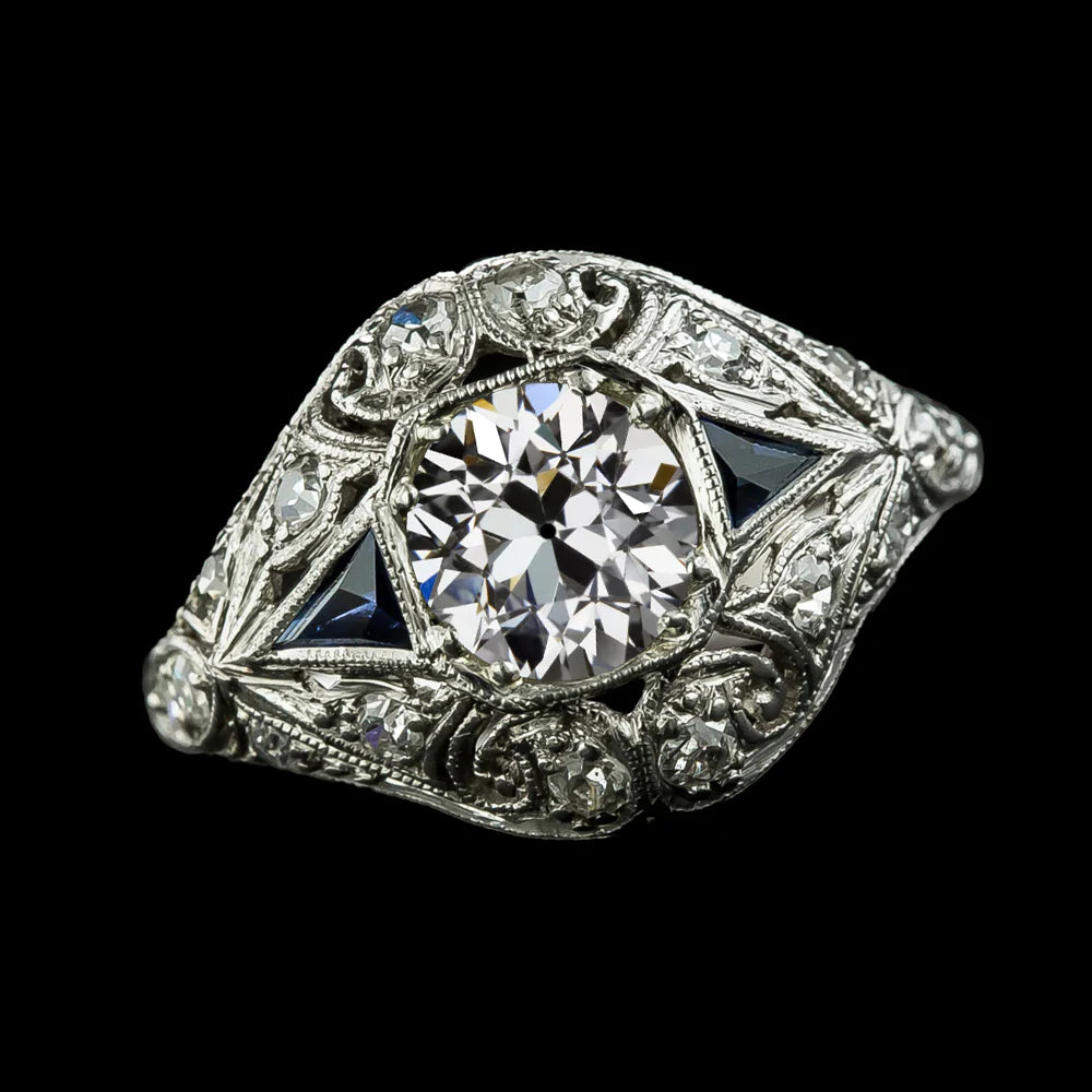 Like Edwardian Jewelry Antique Cut Real Diamond Ring Trillion Sapphire