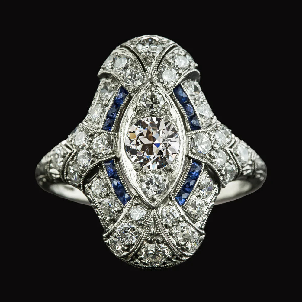 Like Edwardian Jewelry Old Cut Natural Diamond Baguette Sapphire Ring Milgrain