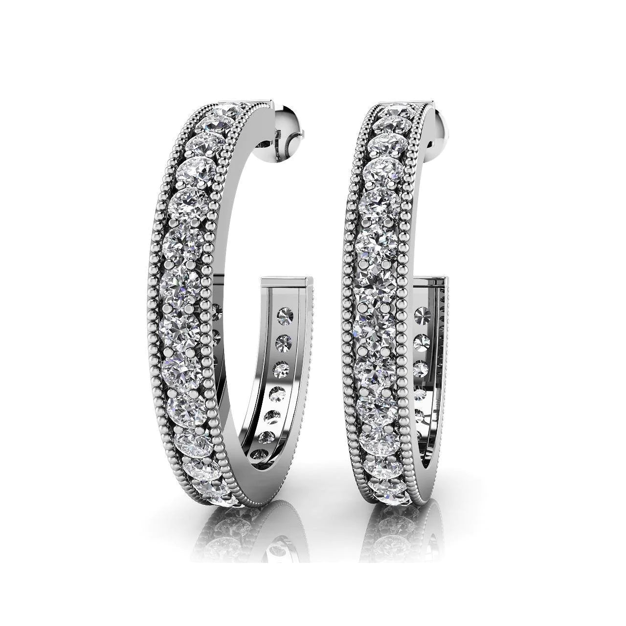 Lined Round Shaped Hoop Earrings 5 Ct Real Sparkling Diamonds White Gold