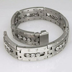 Link Men's Bracelet 3.75 Carats Real Round Cut Diamonds White Gold 14K
