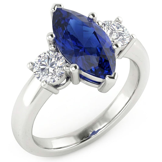 Marquise And Round Cut 2.50 Ct Sapphire And Natural Earth Mined Diamonds Ring White Gold