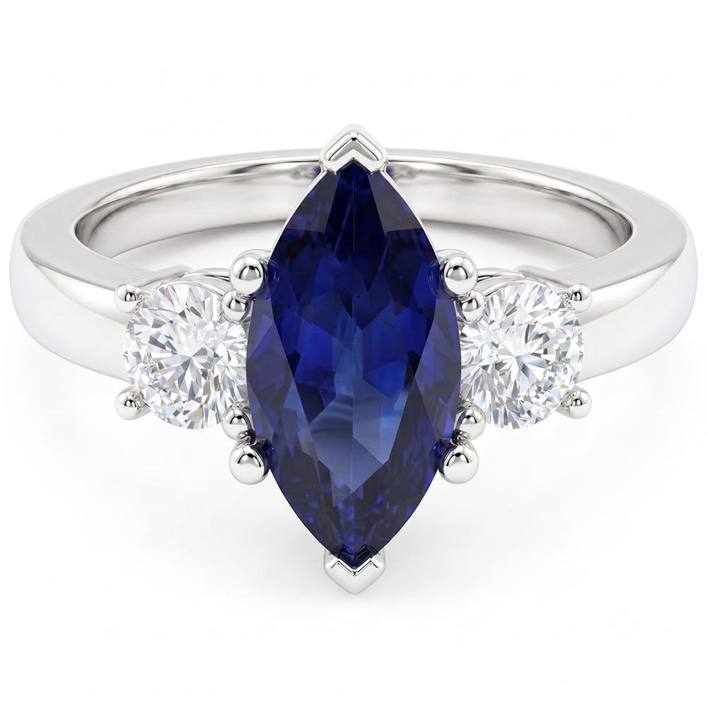 Marquise And Round Cut 2.50 Ct Sapphire And Natural Earth Mined Diamonds Ring White Gold