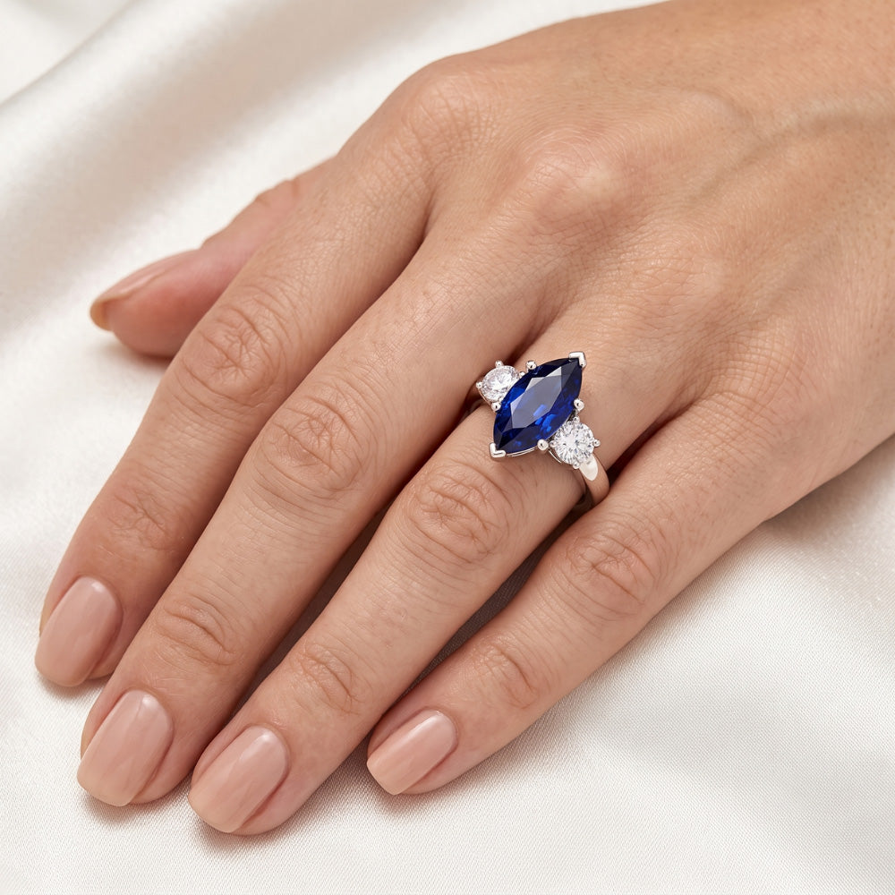 Marquise And Round Cut 2.50 Ct Sapphire And Natural Earth Mined Diamonds Ring White Gold