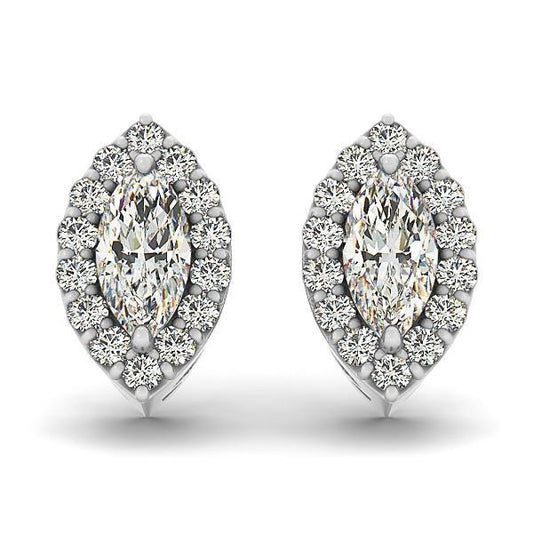 Marquise And Round Halo Real Diamond Stud Earrings 3.20 Carats Solid