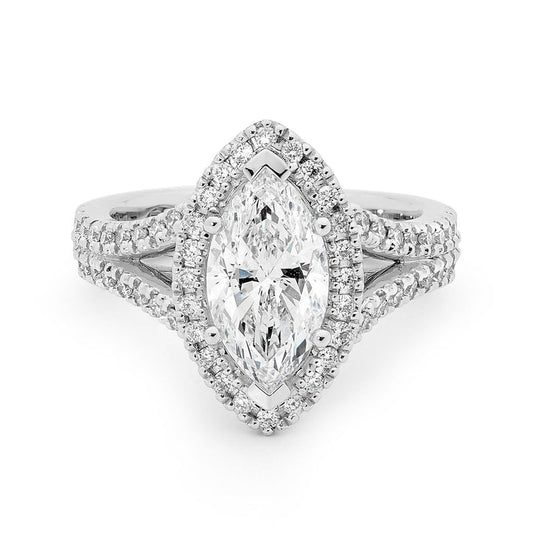 Marquise And Round Natural 3 Ct. Diamond Halo Ring