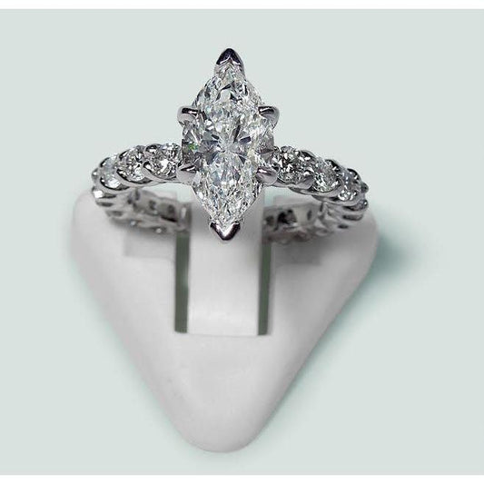 Marquise And Round Diamond Engagement Ring 2.75 Carats White Gold 14K