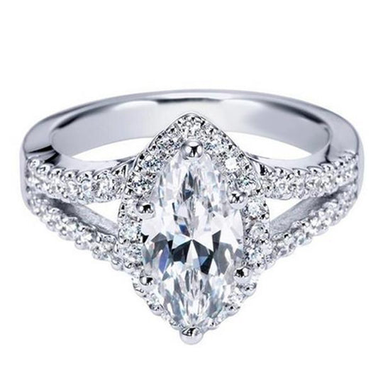 Marquise And Round Real Diamond Lady 2 Carats Halo Ring With Accents WG 14K