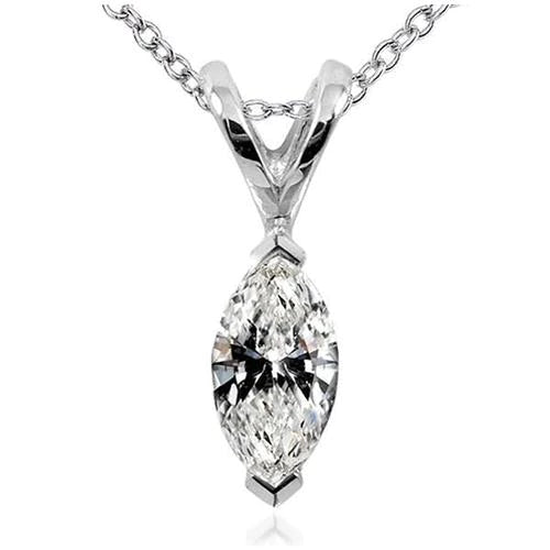 Marquise Cut Real Diamond Necklace Pendant 1 Carat White Gold 14K