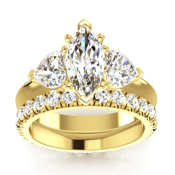 Marquise & Heart Genuine Diamond 3 Stone Ring & Gold Matching Band 3 Carats