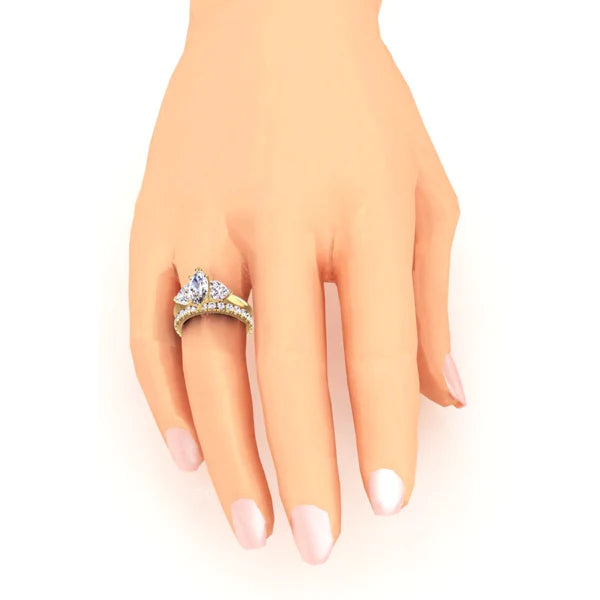 Marquise & Heart Genuine Diamond 3 Stone Ring & Gold Matching Band 3 Carats