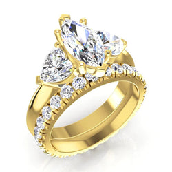 Marquise & Heart Genuine Diamond 3 Stone Ring & Gold Matching Band 3 Carats
