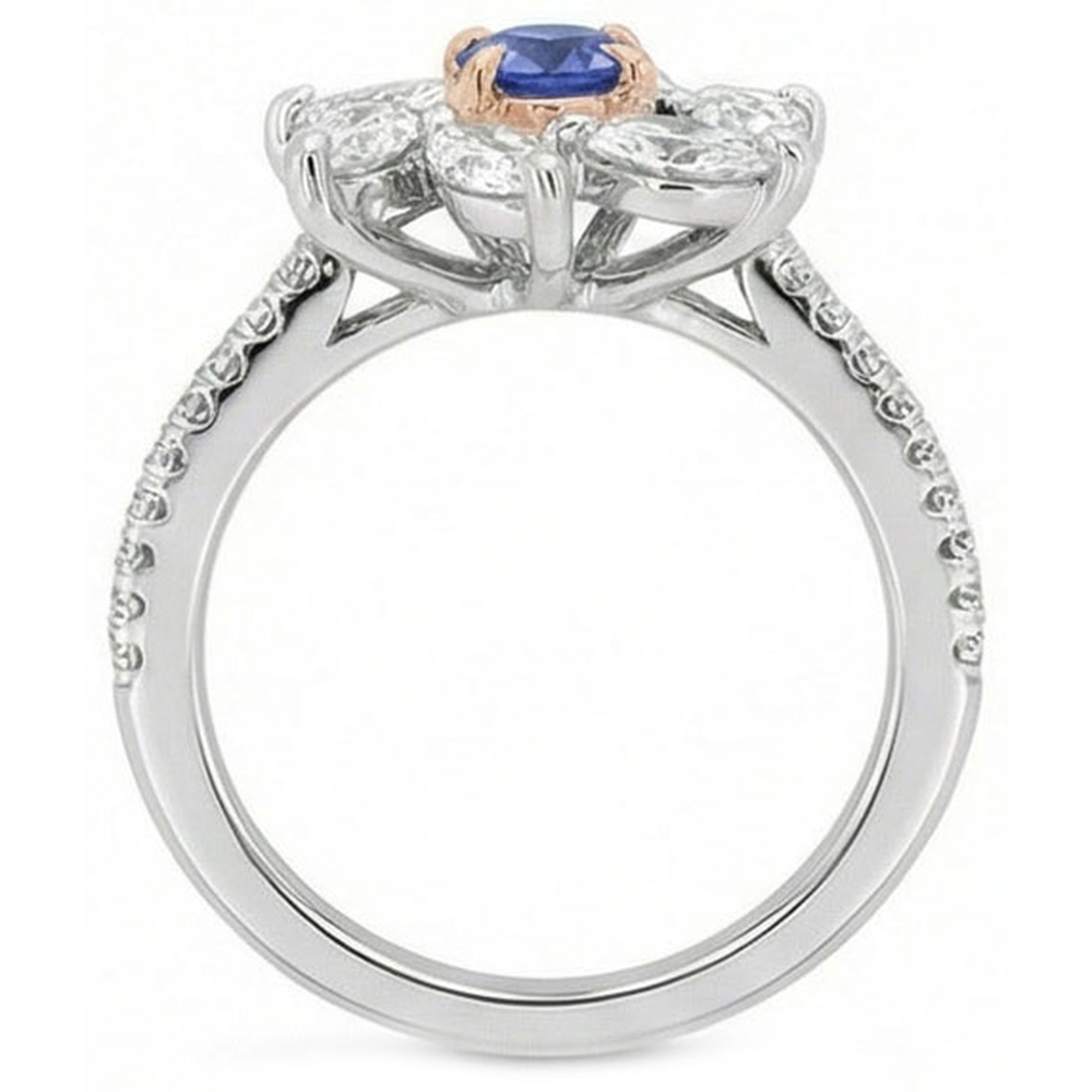 Marquise Natural Earth Mined Diamond Round Sapphire Ring Flower Style 2.50 Carats Two Tone