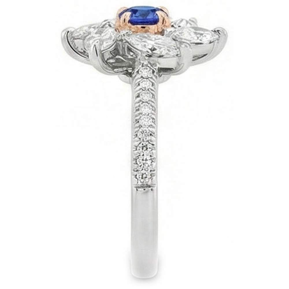 Marquise Natural Earth Mined Diamond Round Sapphire Ring Flower Style 2.50 Carats Two Tone