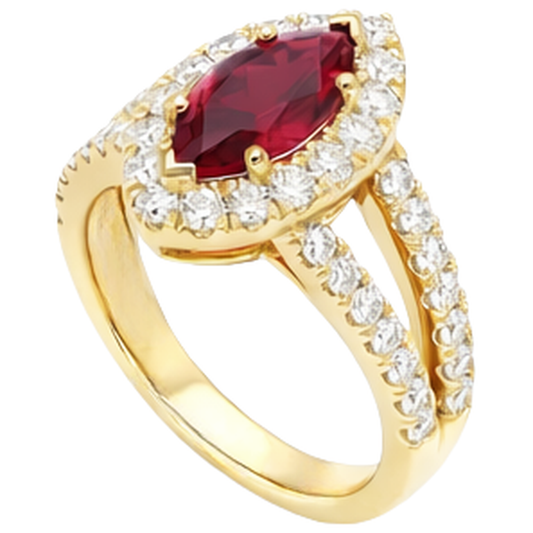 Marquise Red Ruby And Natural Earth Mined Diamond Wedding Ring 3.25 Carats Yellow Gold 14K