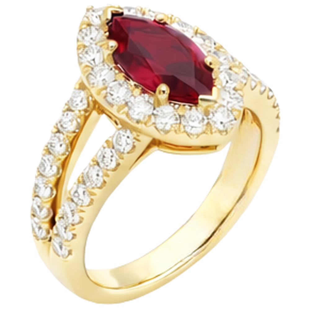 Marquise Red Ruby And Natural Earth Mined Diamond Wedding Ring 3.25 Carats Yellow Gold 14K