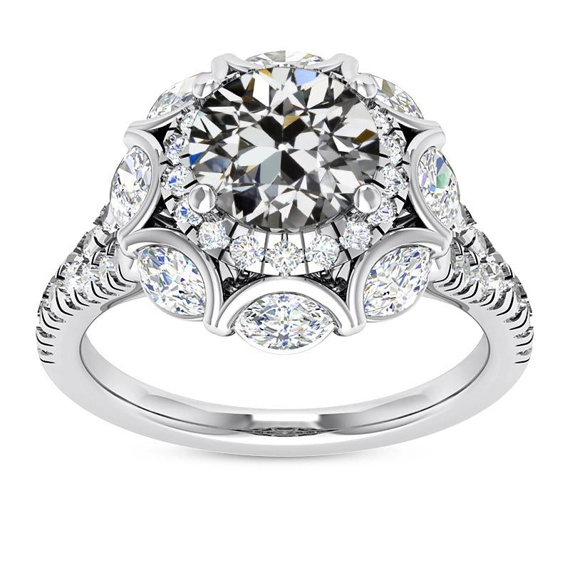 Marquise & Round Old Cut Real Diamond Halo Engagement Ring 11 Carats