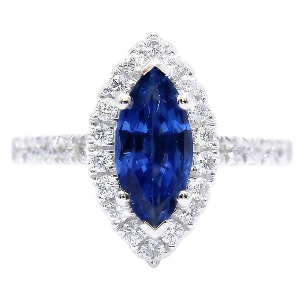 Marquise Shape Sri Lanka Blue Sapphire Round Natural Earth Mined Diamond Ring 2.60 Ct