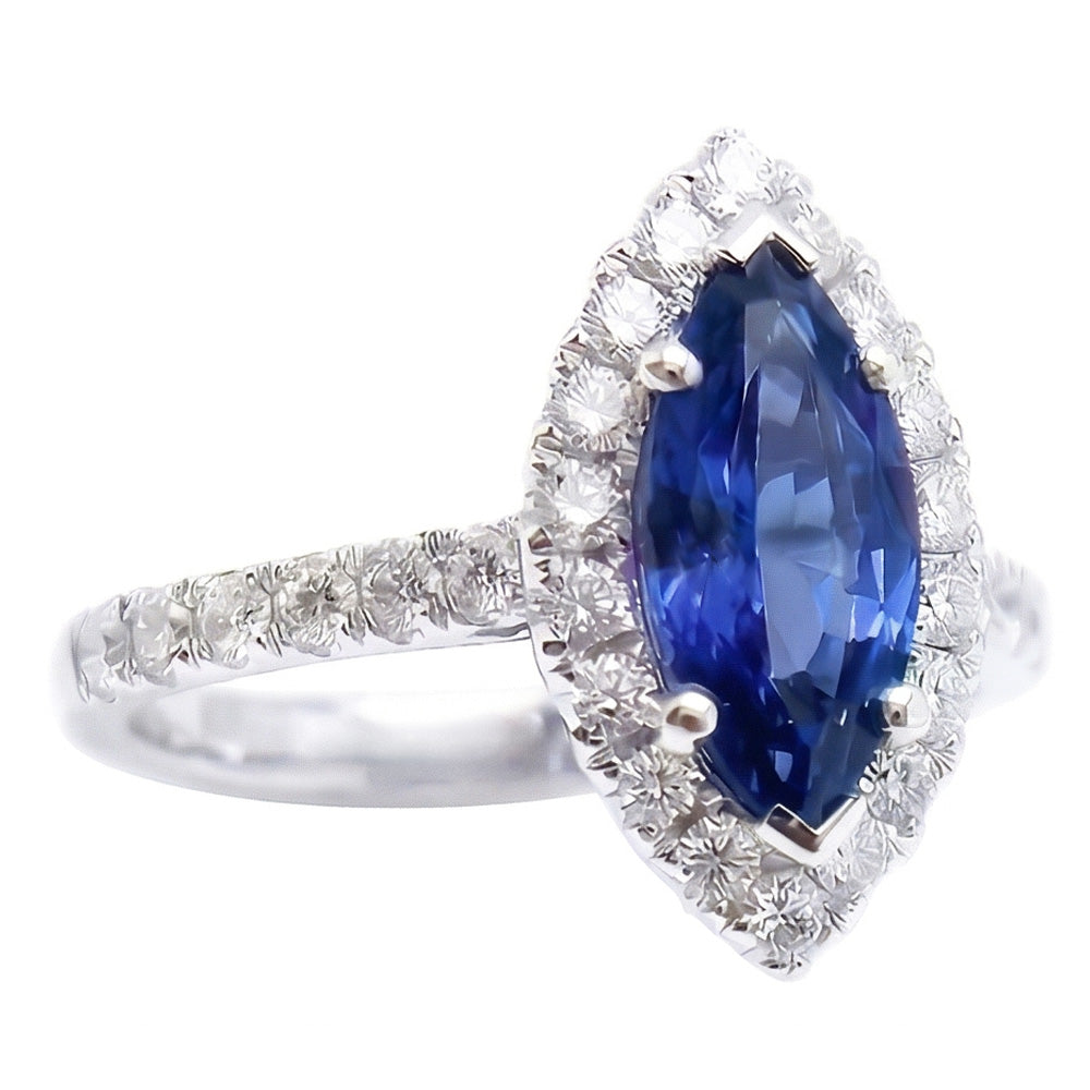 Marquise Shape Sri Lanka Blue Sapphire Round Natural Earth Mined Diamond Ring 2.60 Ct