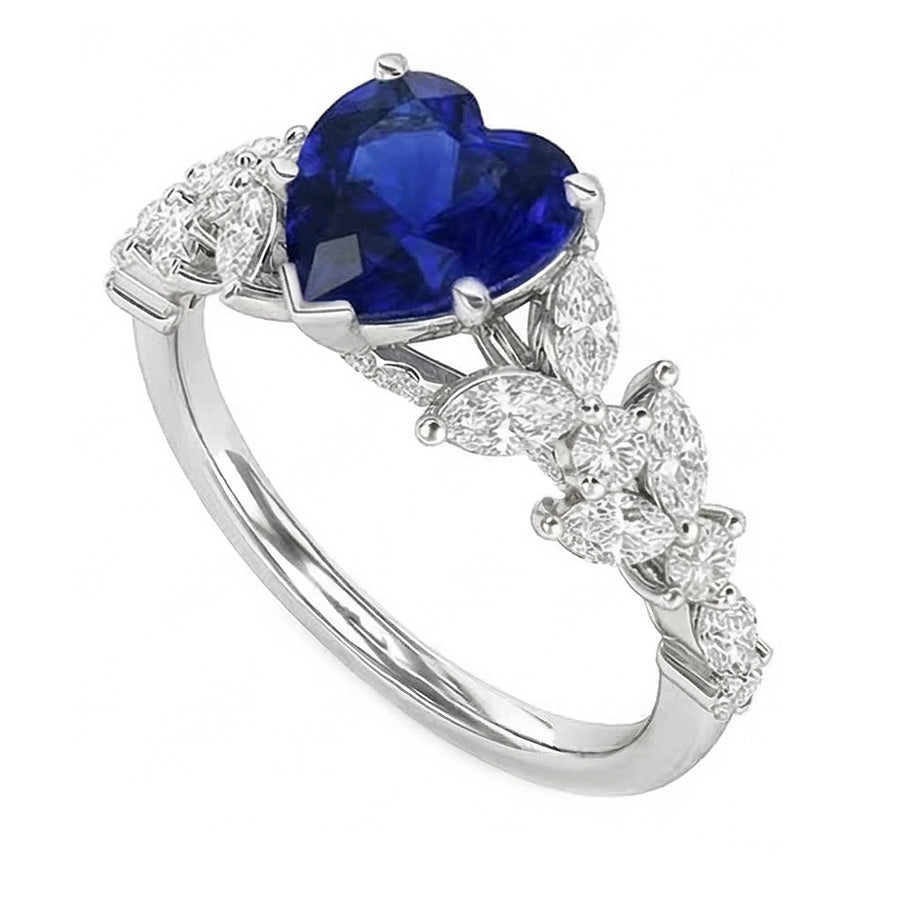 Marquise & Round Natural Earth Mined Diamond Heart Cut Sapphire Ring Leaf Style 3.50 Carats