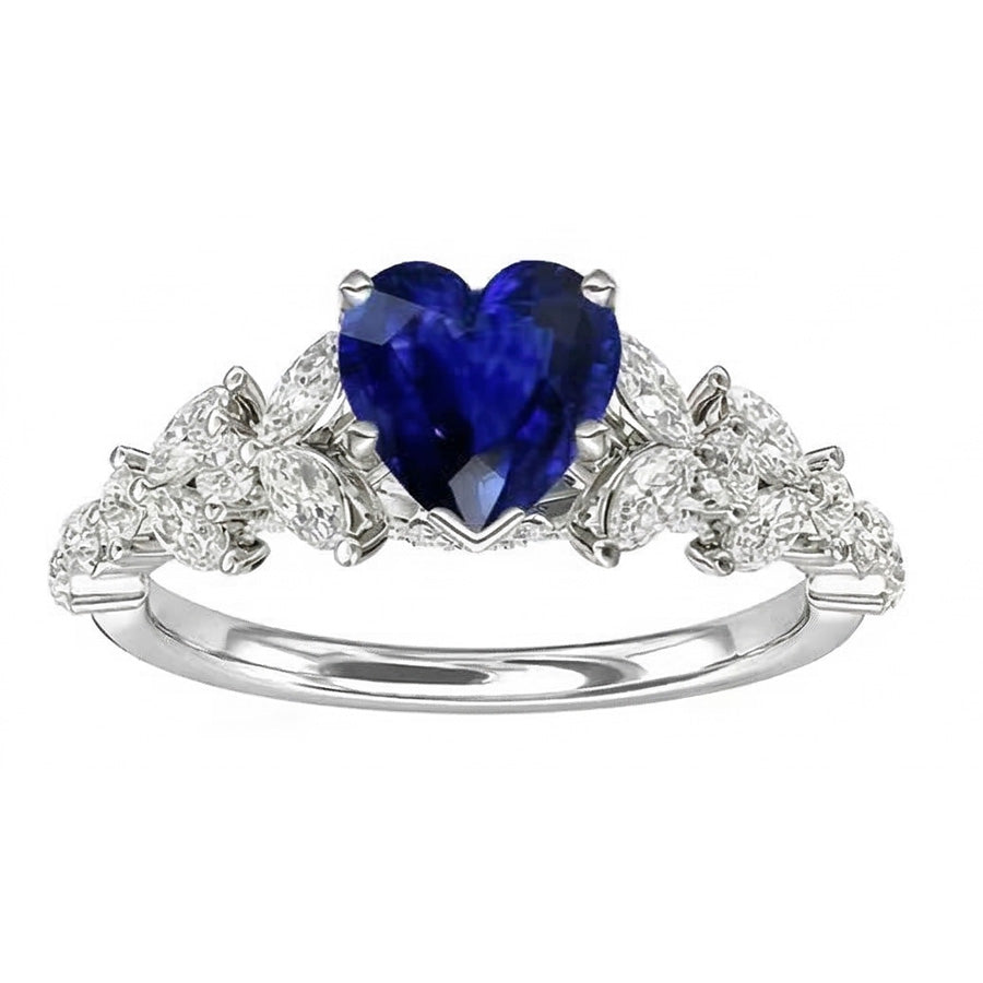 Marquise & Round Natural Earth Mined Diamond Heart Cut Sapphire Ring Leaf Style 3.50 Carats