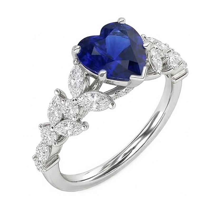 Marquise & Round Natural Earth Mined Diamond Heart Cut Sapphire Ring Leaf Style 3.50 Carats