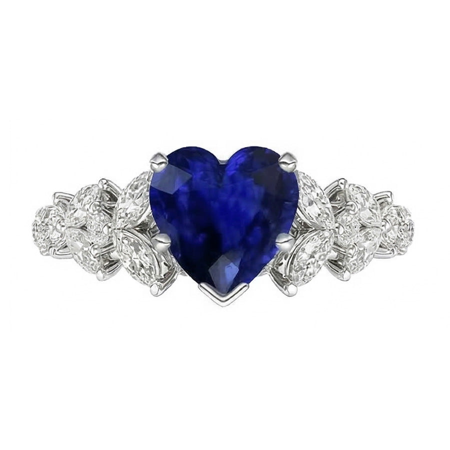 Marquise & Round Natural Earth Mined Diamond Heart Cut Sapphire Ring Leaf Style 3.50 Carats