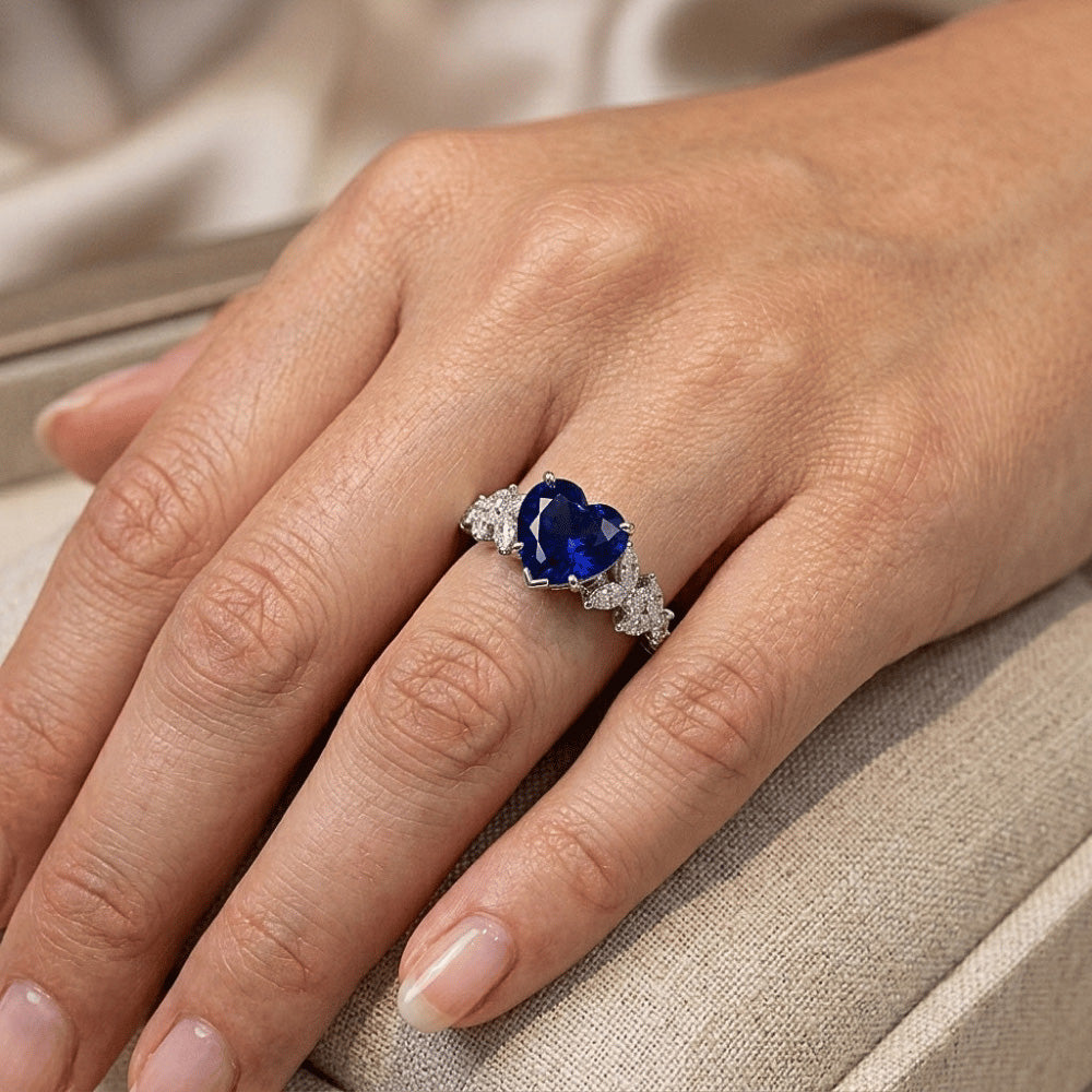 Marquise & Round Natural Earth Mined Diamond Heart Cut Sapphire Ring Leaf Style 3.50 Carats