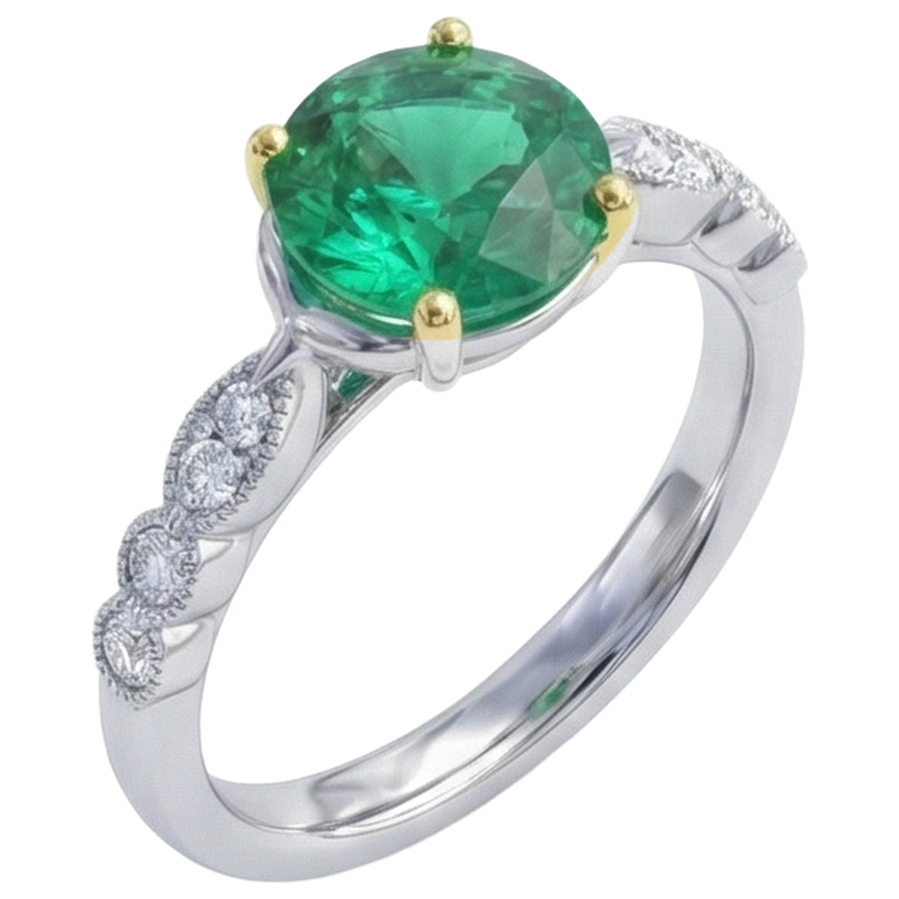 Round Cut Emerald ring in Two-Tone 14K Gold – front view