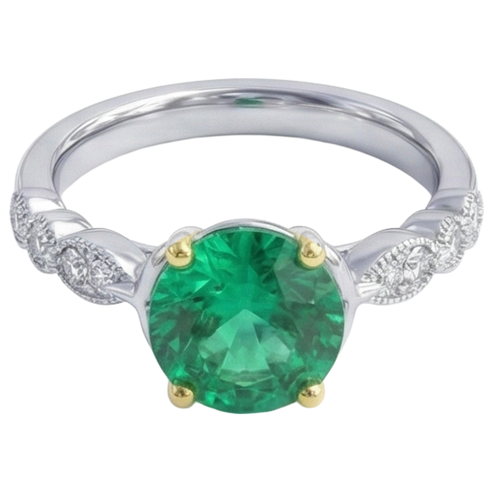 Round Cut Emerald ring in Two-Tone 14K Gold – side view