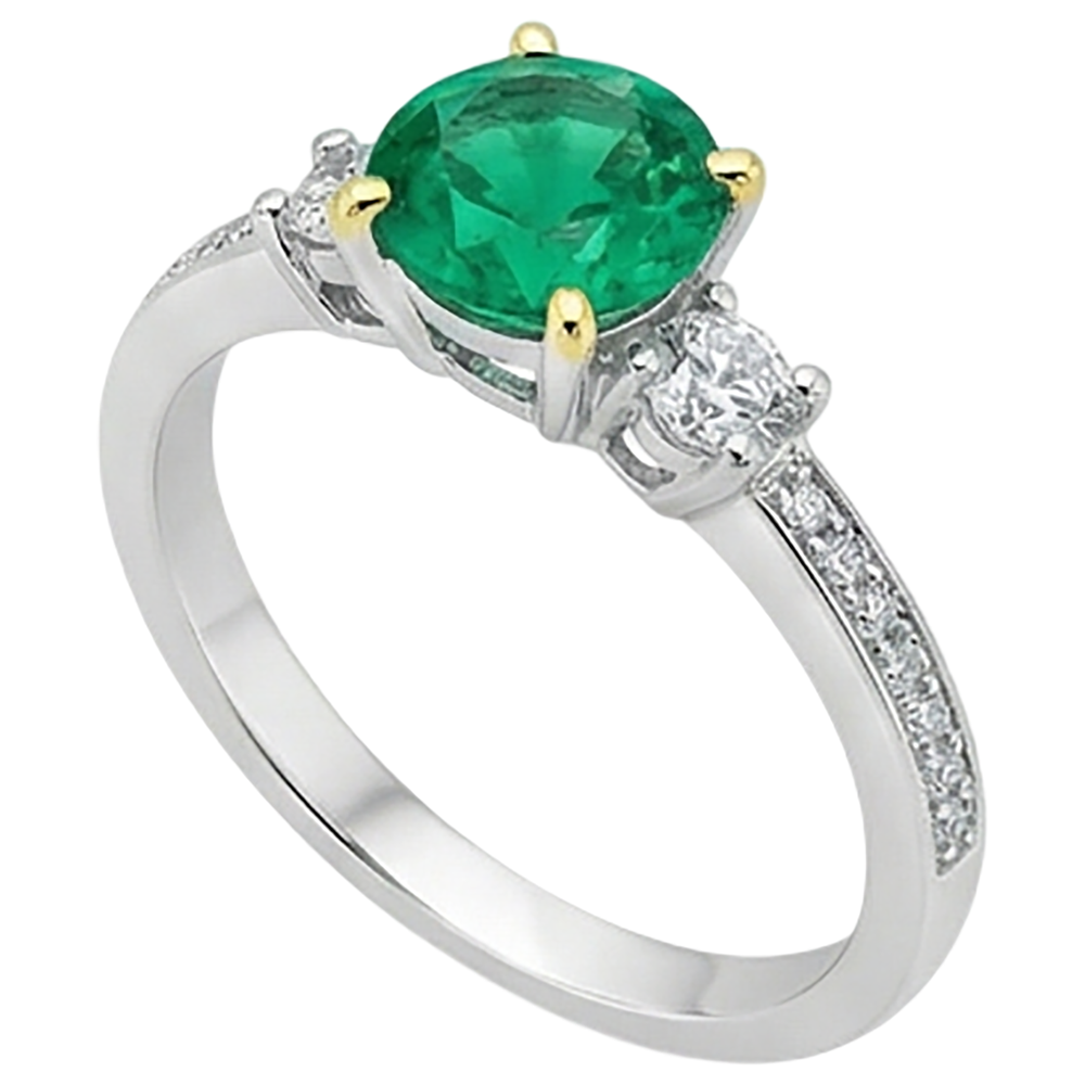 Round Cut Colombian Emerald ring in Two-Tone 14K Gold – profile view