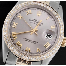Men Gray Roman Dial Natural Earth Mined Diamond Bezel Datejust Watch Two Tone Rolex QUICK SET