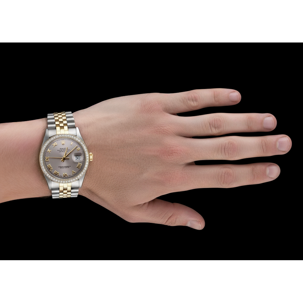 Men Gray Roman Dial Natural Earth Mined Diamond Bezel Datejust Watch Two Tone Rolex QUICK SET