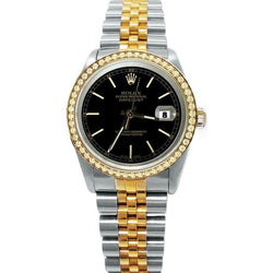 Men Rolex Datejust Watch Black Stick Dial Diamond Bezel Two Tone