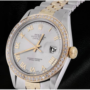 Men Gray Roman Dial Diamond Bezel Datejust Watch Two Tone Rolex QUICK SET1