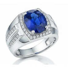 Men's Halo Ring 4 Carats Oval IGI CERTIFIED Diamond & Blue Sapphire Jewelry 14K Gold