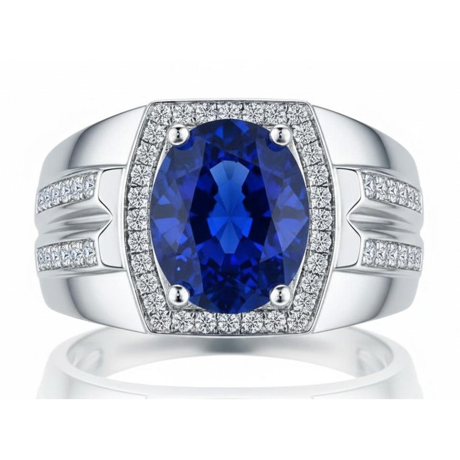 Men's Halo Ring 4 Carats Oval IGI CERTIFIED Diamond & Blue Sapphire Jewelry 14K Gold