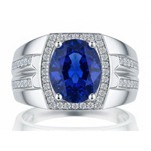 Men's Halo Ring 4 Carats Oval IGI CERTIFIED Diamond & Blue Sapphire Jewelry 14K Gold
