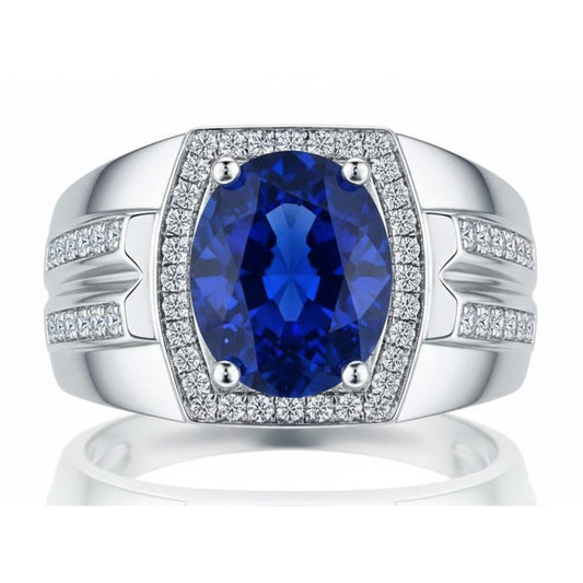 Men's Halo Ring 4 Carats Oval IGI CERTIFIED Diamond & Blue Sapphire Jewelry 14K Gold