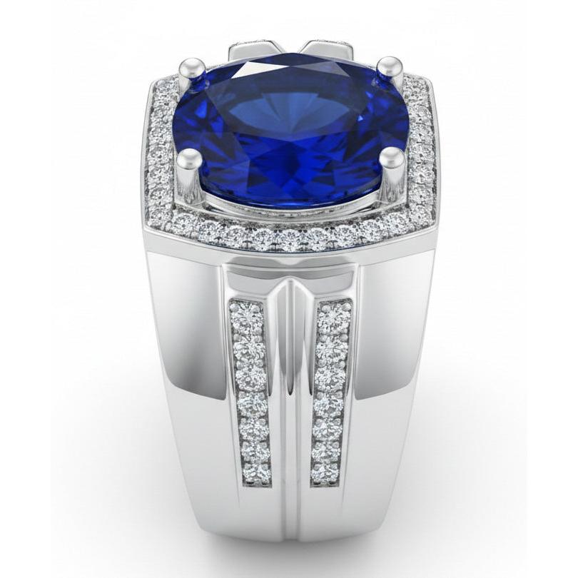 Men's Halo Ring 4 Carats Oval IGI CERTIFIED Diamond & Blue Sapphire Jewelry 14K Gold