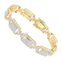Men's Link Bracelet Round Cut 14 Carats Real Diamonds Yellow Gold 14K