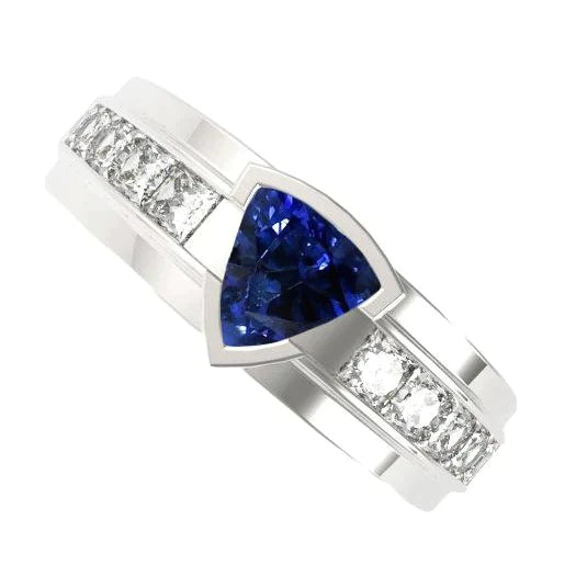 Mens Ring Channel Set Diamond Trillion Half Bezel Blue Sapphire 3 Ct