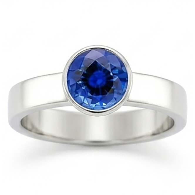 Mens Solitaire Ring Bezel Set Round Blue Sapphire 2 Carat Thick Shank