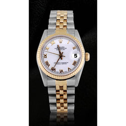 Midsize Rolex Datejust White Roman Dial Watch Two Tone Jubilee