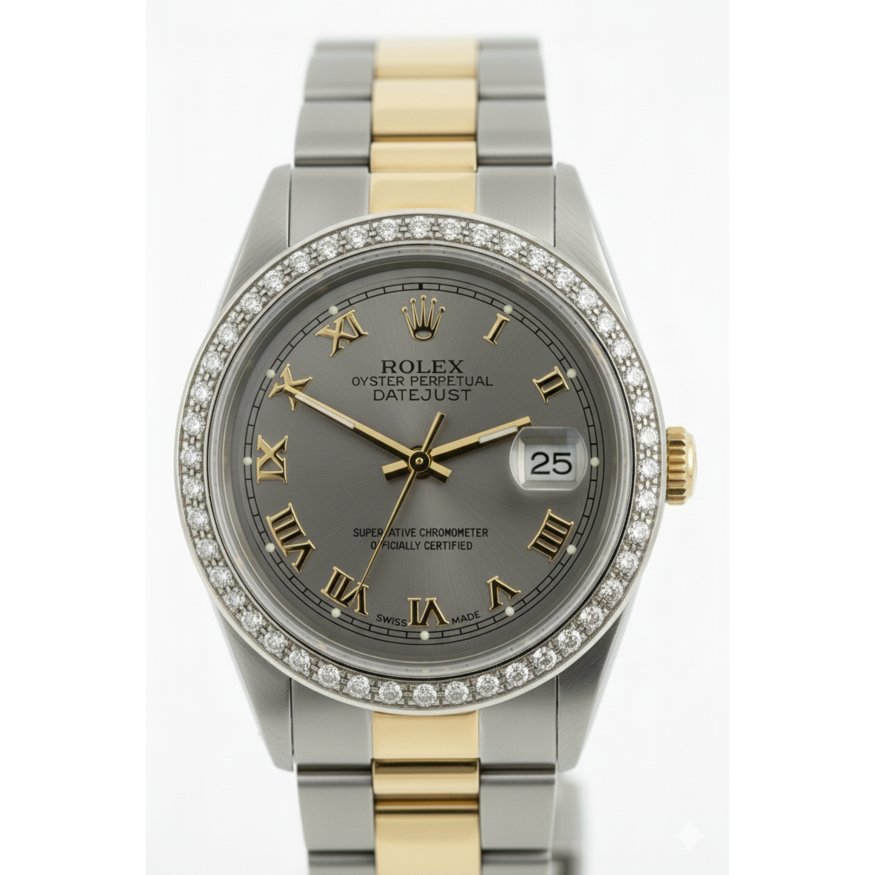 Midsize Rolex Brown  Oyster Bracelet Ss & Gold Gray Roman Dial Watch