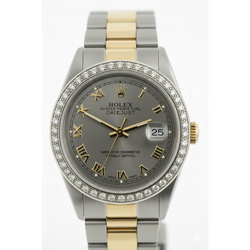 Midsize Rolex Brown Oyster Bracelet Ss & Gold Gray Roman Dial Watch