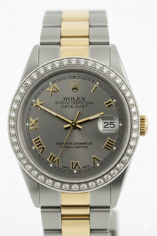 Midsize Rolex Brown  Oyster Bracelet Ss & Gold Gray Roman Dial Watch